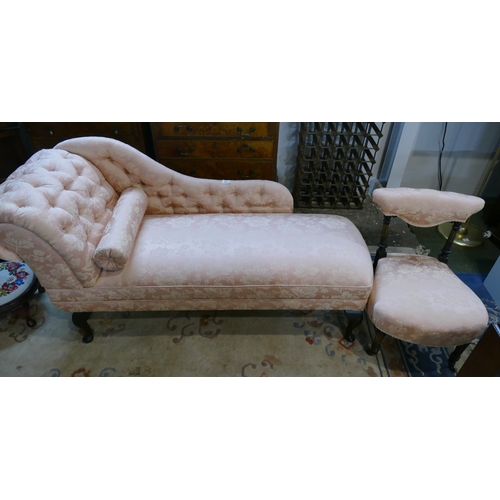 522 - Pink upholstered chaise longue with similar low bedroom chair