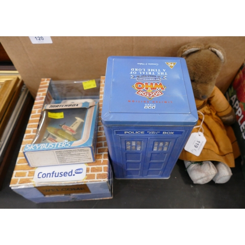 119 - Dr Who video tin set, Confused Dot Com robot, Matchbox Skybusters plane and mouse Teddy