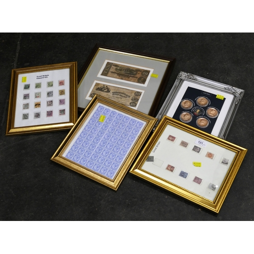 121 - 5 framed pictures of stamps and coins and notes