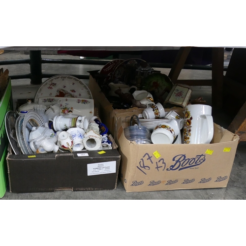 187 - 3 boxes of ceramics, ornaments, decorative plates, part coffee set etc