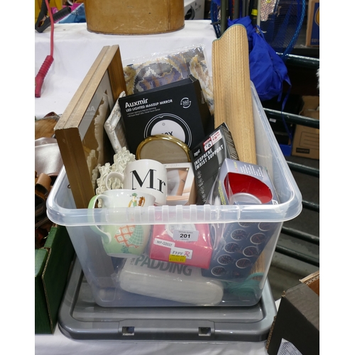 201 - Box of picture frames, mugs, oil pressure gauges, facial cleansing brush etc