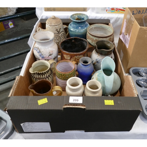 209 - Box of studio pottery vases, mugs, jugs etc