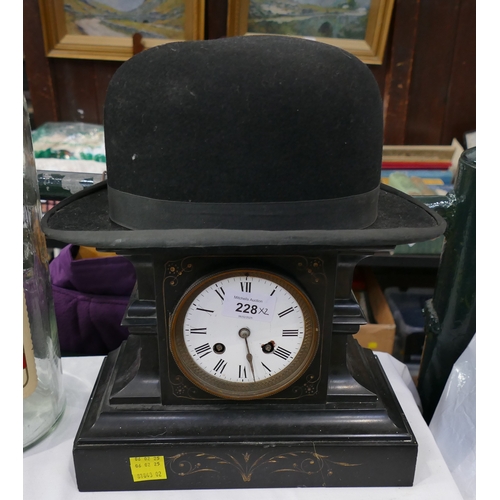 228 - Slate mantel clock and bowler hat