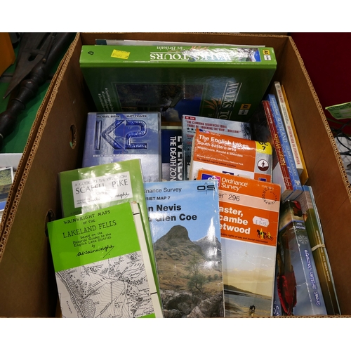 27 - Box of walking related books and DVD's - Wainwright maps of Lakeland Fells, Ordnance survey etc