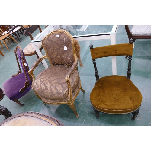 502 - Gilt framed occasional chair (AF), ebonised armchair and nursing chair