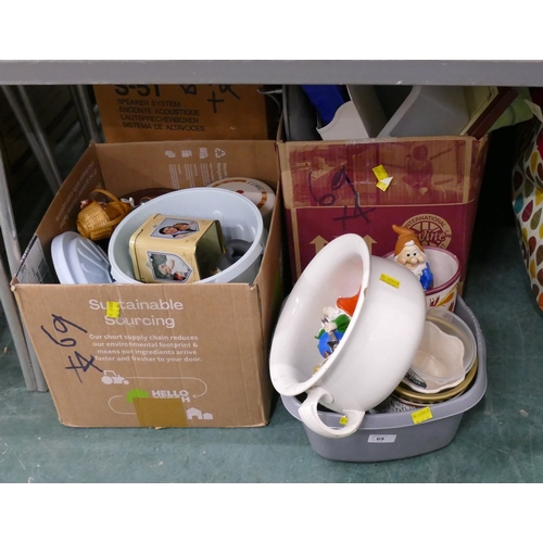 69 - 4 boxes of kitchenware, tins, washing up bucket, vases etc