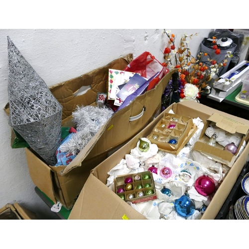 85 - Box of vintage glass Xmas tree baubles and other decorations - tinsel, cards etc