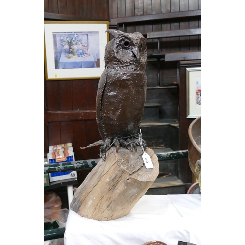 235 - Metal owl sculpture on wooden base