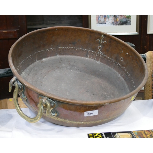 236 - Antique copper and brass shallow pan, 45 cm diameter