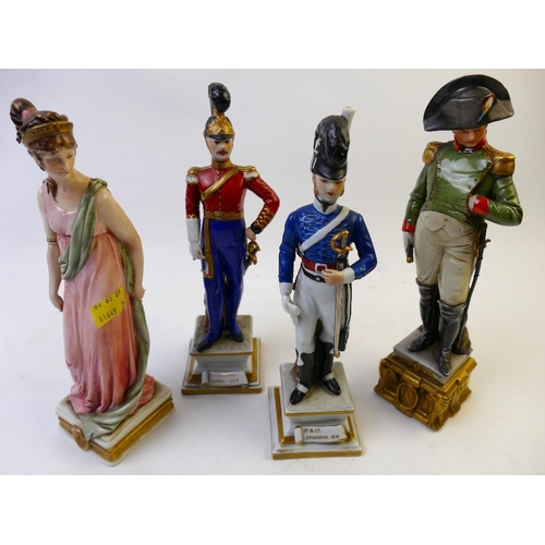 1 - Ten Capodimonte porcelain soldier figures, 30 cm high, and similar female figure