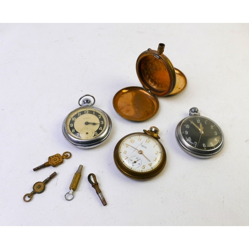 405 - Three vintage Ingersol and Smiths pocket watches, pocket watch case and keys