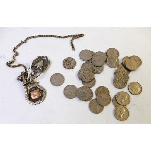 408 - Sixpence coins, two watch fobs with silver hallmarks