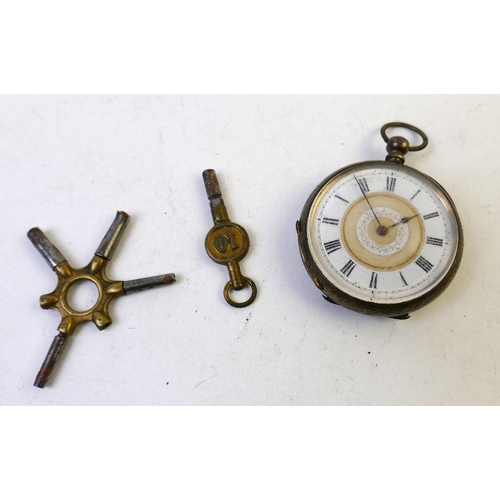 411 - Enamelled silver Continental pocket watch with key