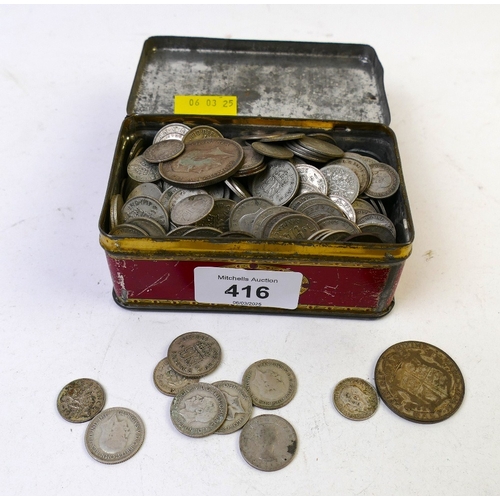 416 - UK silver coins, mostly 1920-1947, some earlier, mostly sixpences but also 1914 half crown etc, weig... 