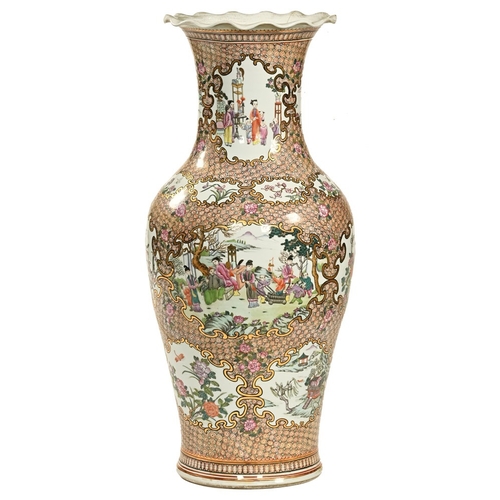 10 - A large Chinese floor vase, with gilt and floral panels as well as figures in landscapes. Height 94 ... 