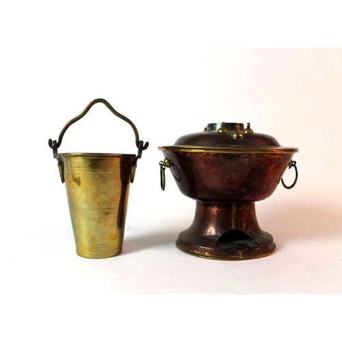 20 - An antique Chinese copper and brass heated vessel.  diameter 22 cm, together with a small well bucke... 