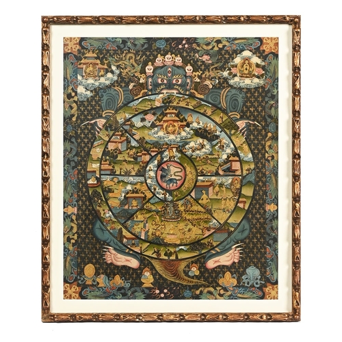 22 - A Buddhist Thangka painting, possibly on silk depicting the Bhavachakra.  45 x 37 cm, framed and mou... 