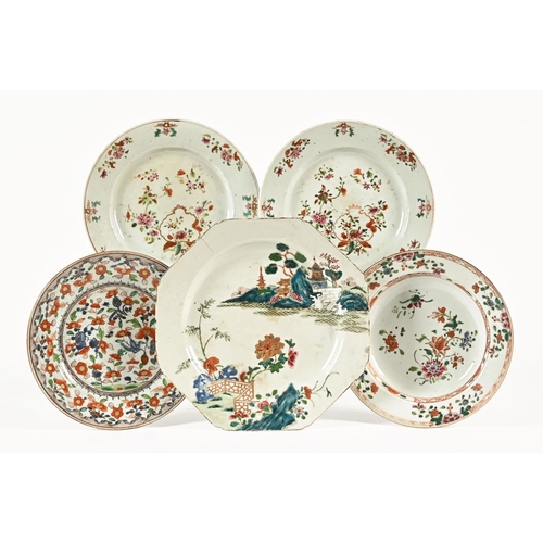 30 - Five Chinese porcelain plates, one octagonal decorated with pagoda gardens etc 27 x 27 cm, the other... 