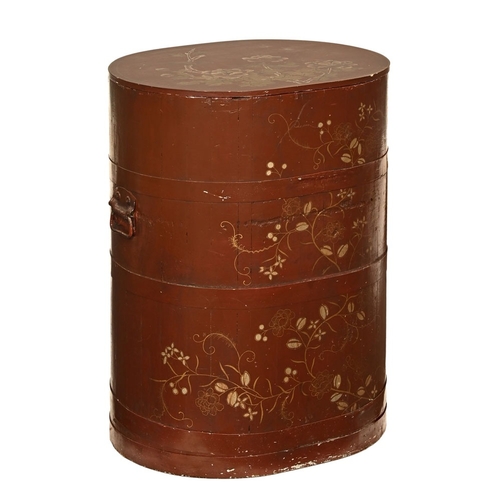 40 - A lacquered barrel form box, with twin metal handles and with bird butterfly and botanical decoratio... 