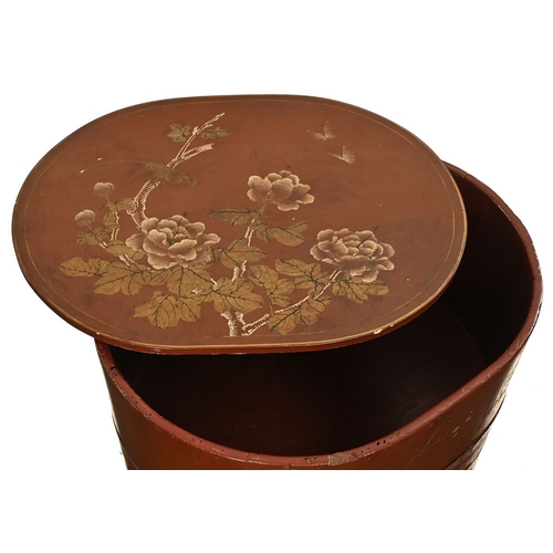 40 - A lacquered barrel form box, with twin metal handles and with bird butterfly and botanical decoratio... 