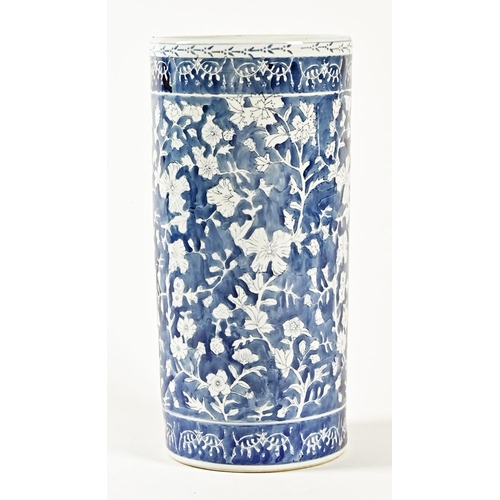 44 - A Chinese blue and white cylindrical stick stand.  Height 46 cm, diameter 22.5 cm.