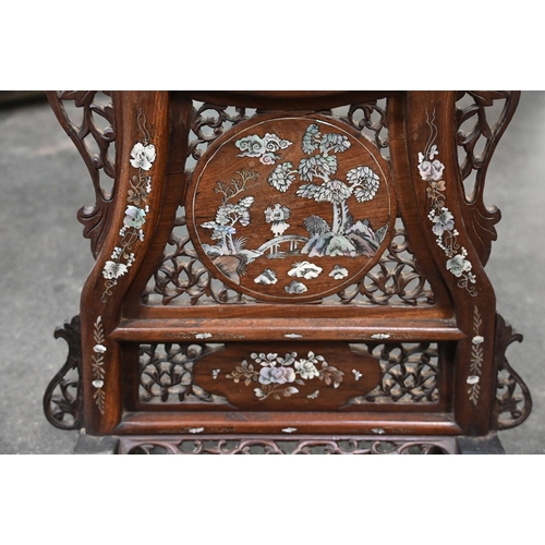 38 - A Chinese hardwood inlaid mother of pearl table screen. Height 85 cm, top diameter 46 cm.