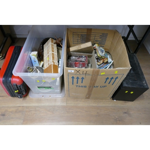 48 - Suitcase, tin, two boxes of ceramics and household items