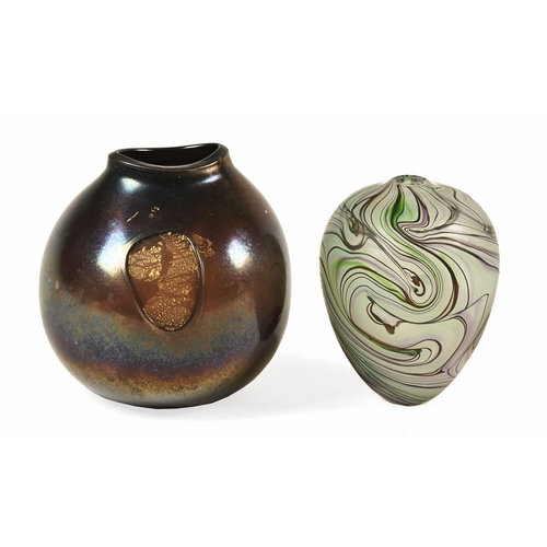 111 - Two Art Glass vases, Carin von Drehle, height 13 cm, and lustre ware glass vase with two decorated o... 