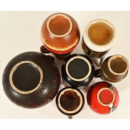 159 - A collection of seven mid 20th century West German vases, of various styles and colours. Height 27 c... 
