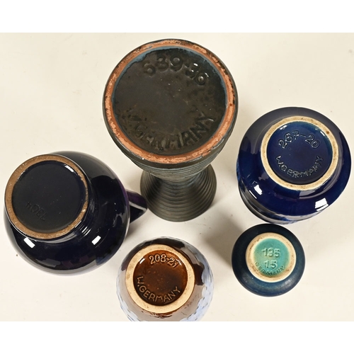 160 - Five mid 20th century West German vases, mostly in blues and purples with unusual geometric pattern.... 