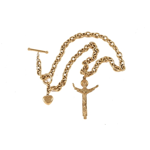 311 - A 9 ct gold chain, with T bar and crucifix.  24.4 grams (see illustration).