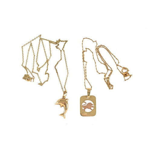 347 - A 14 ct gold chain and two pendants.  5.3 grams.
