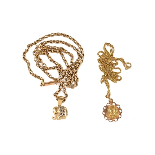 348 - A 15 ct gold chain, together with a 14 ct gold chain and two pendants.  8.8 grams.