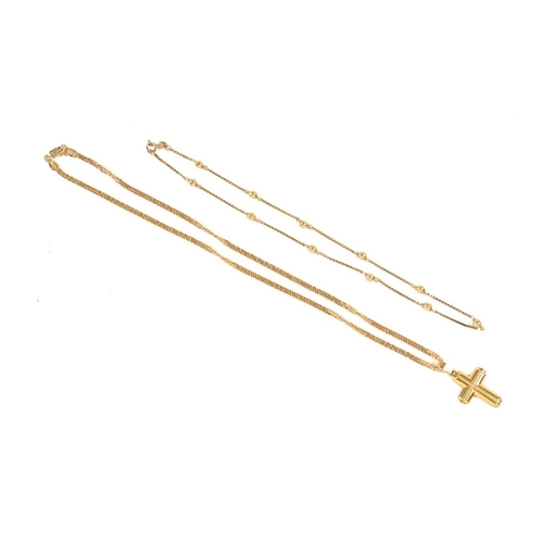 355 - Two 14 ct gold chains, and a cross pendant.  24 grams.