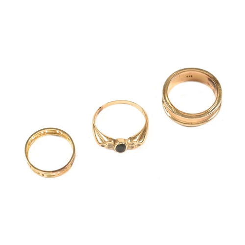 358 - Three 14 ct gold rings. 10.1 grams gross.