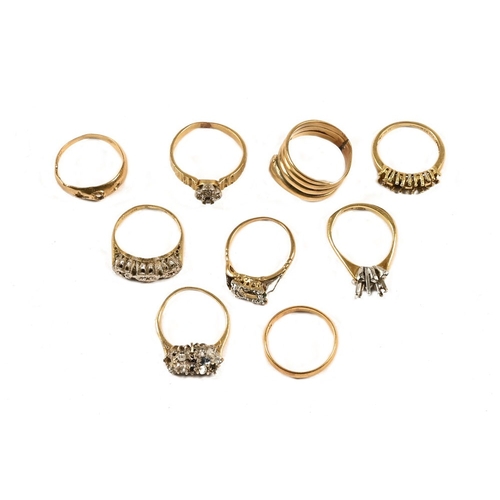 363 - Eight gold rings and ring shanks, stamped either 750 or 18 ct, weight 26.5 grams, and one stamped 22... 