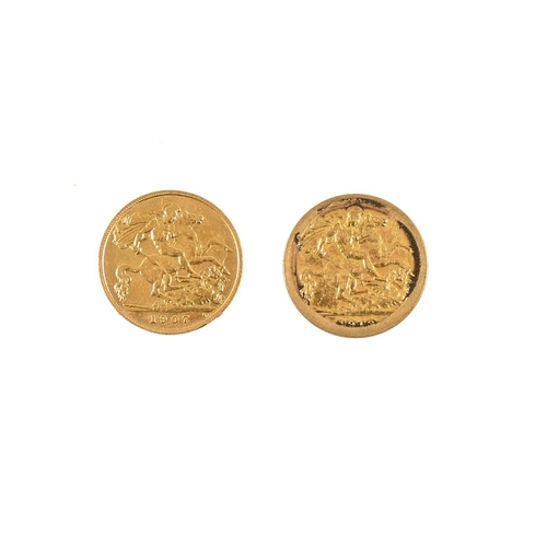 415 - Two half sovereigns 1907 and 1913, removed from jewellery mounts. 3.9 and 3.8 grams respectively.