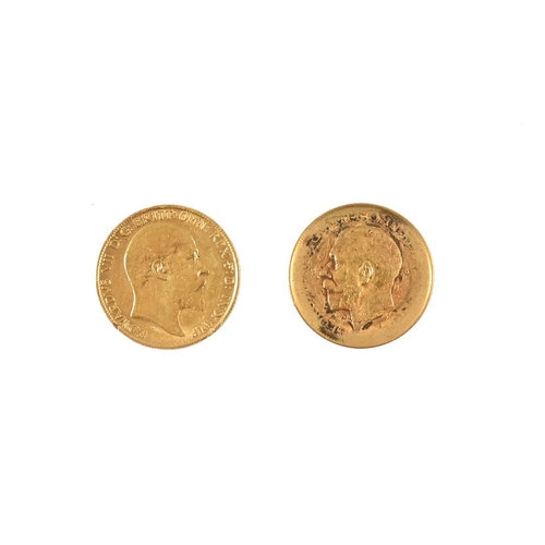 415 - Two half sovereigns 1907 and 1913, removed from jewellery mounts. 3.9 and 3.8 grams respectively.