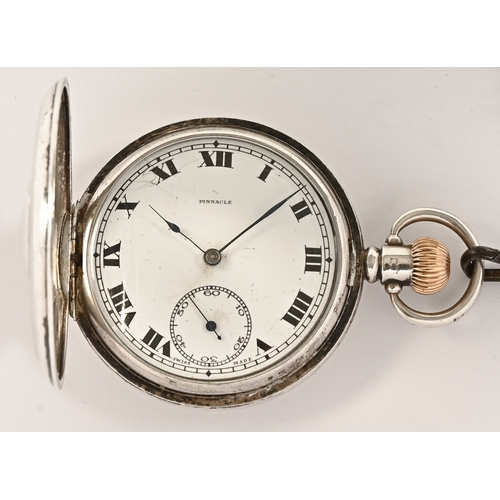 475 - A silver half hunter pocket watch by Pinnacle 1922, with enamelled dial.  Case diameter 50 mm.