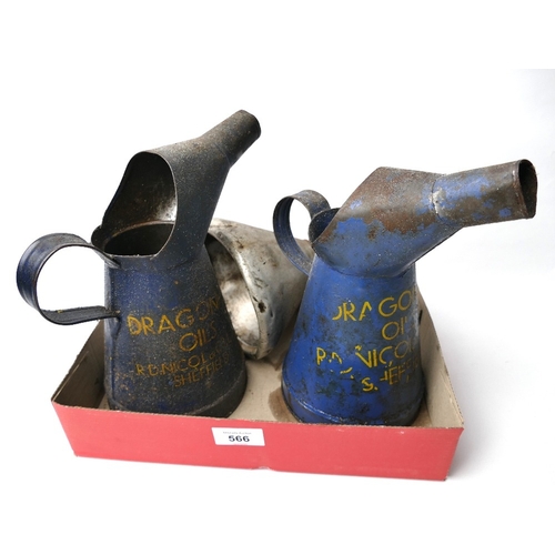 566 - Two vintage oil pouring canisters for Dragonfly oils, RD Nicol & Co Ltd Sheffield, and pouring s... 