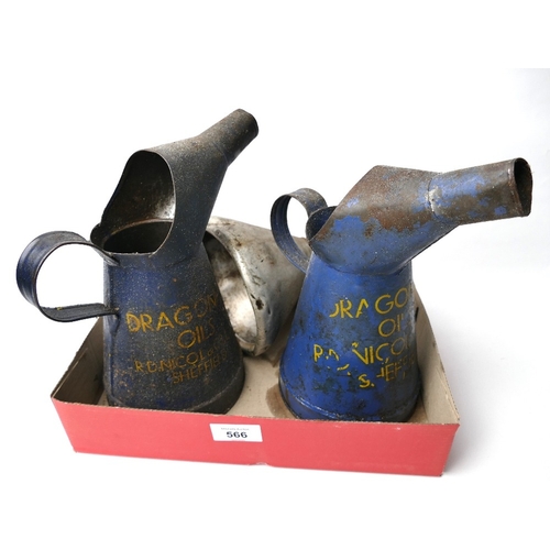 566 - Two vintage oil pouring canisters for Dragonfly oils, RD Nicol & Co Ltd Sheffield, and pouring s... 