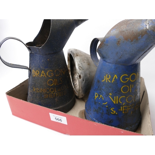 566 - Two vintage oil pouring canisters for Dragonfly oils, RD Nicol & Co Ltd Sheffield, and pouring s... 