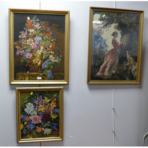 2 - Three vintage tapestry pictures, still life floral and period lady with dog, largest 76 cm x 58 cm