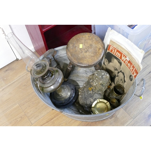 21 - Vintage galvanised tin bath, stone cat garden ornament, oil lantern, wooden footstool, antique shear... 