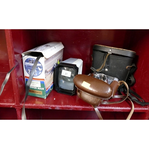 27 - Boxed Opticron Vaga 2 8 x 40 binoculars, vintage 8 x 40 field binoculars and Kodak Retina 1 camera e... 