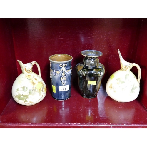 36 - Two Royal Doulton Lambeth stoneware vases, 17 cm high, and pair of Royal Doulton Art Nouveau jugs (A... 