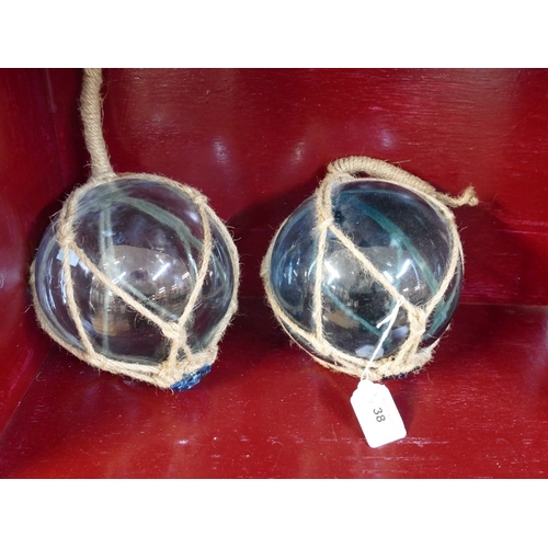38 - Pair of blue glass witches ball fishing floats in nets
