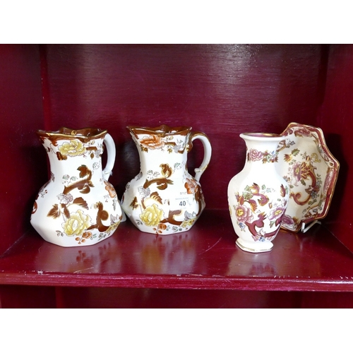 40 - Two Masons brown velvet jugs and two Masons Mandalay red items