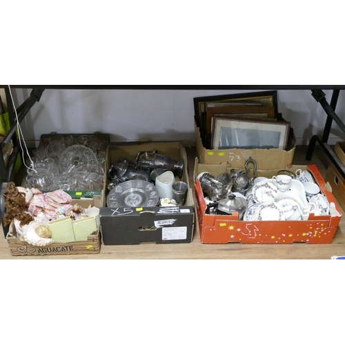 53 - Five boxes of ceramics, metalware, glassware, pictures, ornaments etc