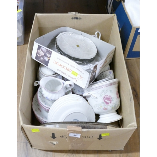 58 - Box of ceramics and glassware, Johnson Bros. Summer Chintz etc